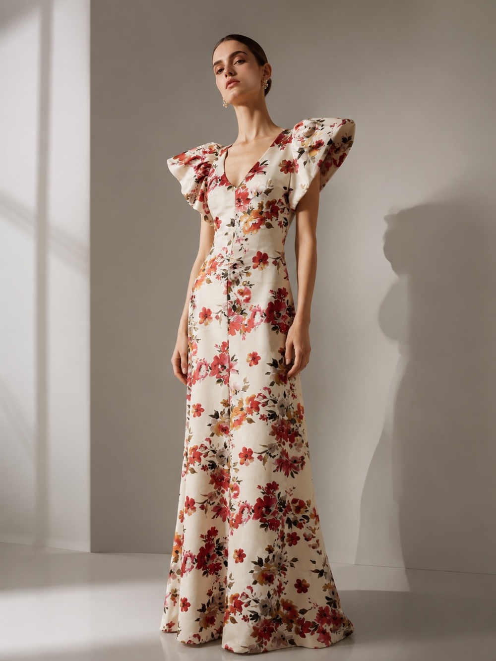 Black Halo White Maxi Dress with Red and Orange Floral Print